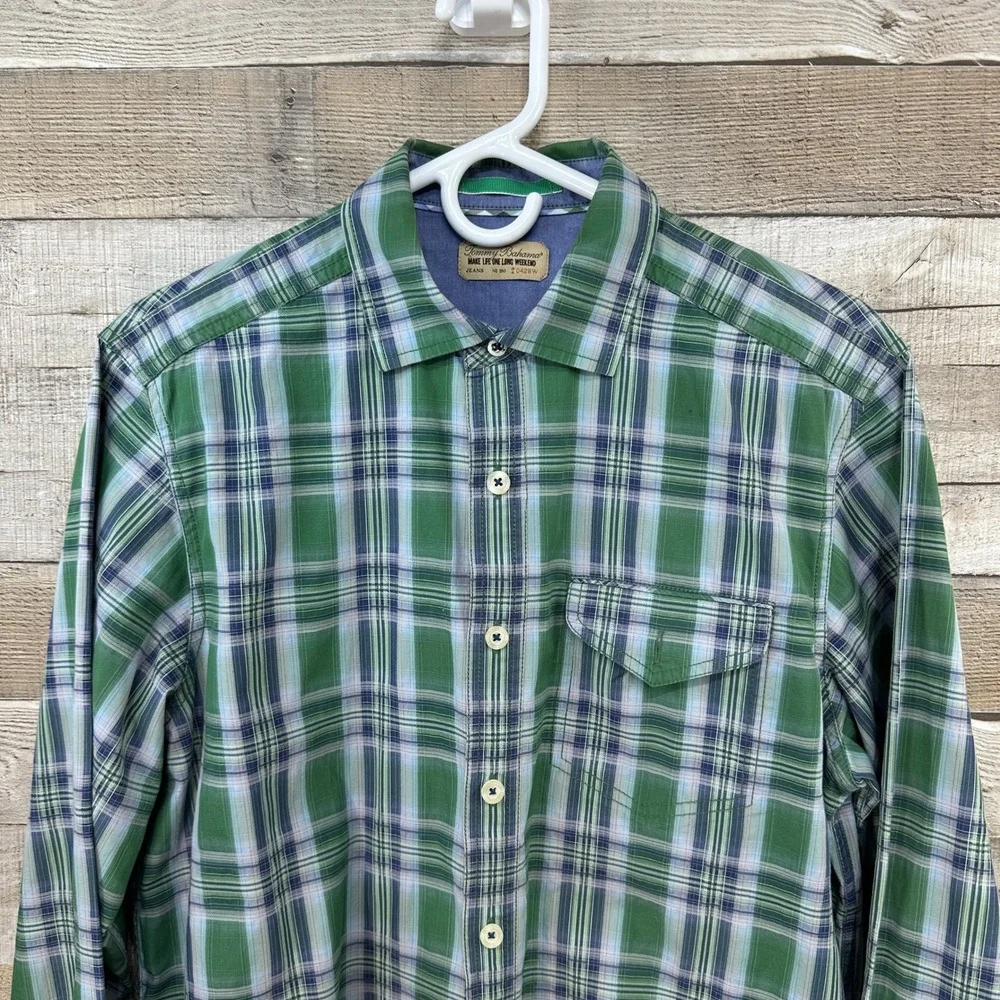 Tommy‎ Bahama Mens Plaid Long Sleeve Button Up Shirt Green Blue Casual Size S